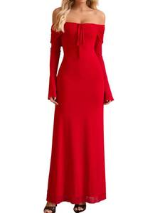 lot 8489 image: KUTUMAI Elegant Off Shoulder Long Sleeve Maxi Dress Bodycon Tie Formal Wedding Guest Dresses for Women 2025 Fall Red S