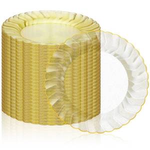 lot 9801 image: Hushee 50 Pcs Plastic Plates with Gold Trim 6 Small Round Disposable Vintage Dessert Plates for Party Birthday Buffet Wedding Catering Celebration Reception (Gold)