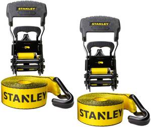 lot 9810 image: STANLEY S1007 BlackYellow 1.5 x 16 Ratchet Tie Down Straps - 1,100 lb Safe Working Load  3,300 lb Break Strength, 2 Pack