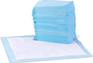 lot 9825 image: Amazon Basics Leak-Proof Dog and Puppy Potty Training Pee Pads with Quick-Dry 5-Layer Super Absorbent Design, Regular Size 22 x 22 inch, Blue & White, 100 Count