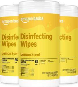lot 9832 image: Amazon Basics Disinfecting Wipes, Lemon Scent, for Sanitizing, Cleaning & Deodorizing, 255 Count (3 Packs of 85), Packaging May Vary