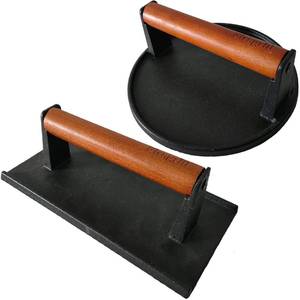 lot 9835 image: Firsgrill Burger Press 7.08 Round & 8.3X4.3Rectangle Heavy-Duty Cast Iron Smash Meat Steak with Wood Handle for Blackstone Camp Chef Pitboss Weber Treager Griddle (Round & Rectangle w Flat Bottom)