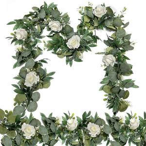 lot 9845 image: 2 Pack Artificial Spring Eucalyptus Flower Garland with White Roses, 13Ft Fake Flower Greenery Floral Green Garland Vines for Wedding Arch Table Runner Backdrop Mantle Home Decorations (White)
