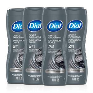 lot 9850 image: Dial Men 2 in 1 Body and Face Wash, Activated Charcoal, 16 Fl Oz, Pack of 4, Gentle Exfoliating Body Wash with Clean Rinse Technology