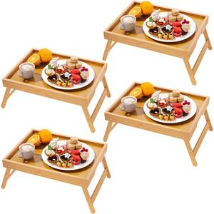 lot 9861 image: Fibogollo 4 Pack Bamboo Bed Tray Table with Folding Legs,Breakfast Trays,Serving Tray for Food and Snack,Laptop Trays for Working(Natural)