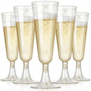 lot 9872 image: CYUU 100 Pack Plastic Champagne Flutes 5.5oz Gold Glitter, Disposable Plastic Champagne Glasses, Suitable for Wedding, Birthday Party, Thanksgiving Day, Christmas Supplies