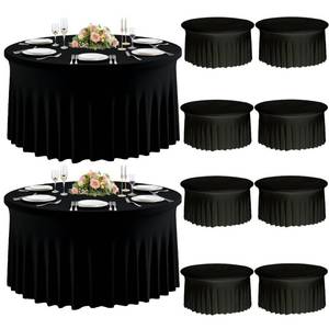 lot 9874 image: 10 Pack Black Round Spandex Tablecloths for 60inch Tables, Stretchy 120inch Fitted 5FT Round Table Cloths Wrinkle Free Washable Table Cover with Skirt for Wedding Birthday Party Dining Banquet Events