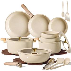 lot 9889 image: CAROTE 25pcs Ceramic Cookware Set, Pots and Pans Set with Detachable Handle