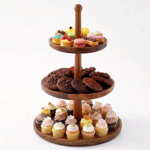lot 9893 image: BURMAN Cupcake Stand Dessert Table Display Set �� 2 in 1 Adjustable Height Rustic Natural Acacia Cupcake Holder Round Wood Tray �� Three Tiered Serving Stand with Rotating Wheels, Anti Slip Stickers