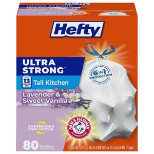 lot 9897 image: Hefty Ultra Strong 13 Gal Kitchen Trash Bags, White, Lavender Vanilla, 80ct