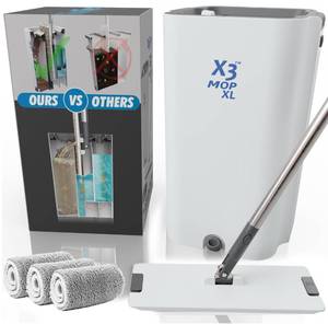 lot 9899 image: X3 Mop XL, Separates Dirty and Clean Water, 3-Chamber Design, Flat Mop and Bucket Set, Hands Free Home Floor Cleaning, 3 Reusable Microfiber Mop Pads Included (XL X3 Mop)
