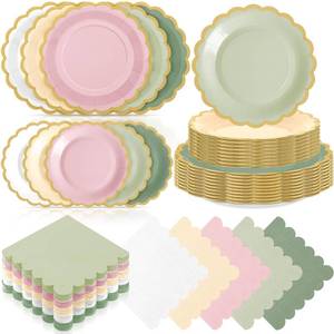 lot 9907 image: Zhehao 150 Pcs Pink and Green Paper Plates Napkins Serves 50