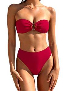 lot 10391 image: SUUKSESS Women Bandeau Strapless O Ring Bikini Sets Tie Back High Waisted 2 Piece Swimsuit Cheeky Removable Halter High Cut Bathing Suits��Red,M