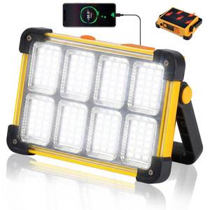 lot 10426 image: 120W LED Solar Work Light, 144 LED 10000LM Portable Flood Light with Stand, 4 Modes Rechargeable, IP65 Waterproof Outdoor Working Light for Camping, Fishing, Car Repair & Mechanics (Yellow)