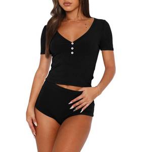 lot 10455 image: INFITTY Black Pj Shorts Set For Women Slim Fit Short Sleeve Shirts Sets, M
