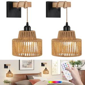 lot 11008 image: XIGUCUCN Battery Operated Wall Sconces Set of 2,Rattan wall Sconce with Remote Control,Rechargeable Boho Wall Light Dimmable,Farmhouse Wireless Wall Lamps for Bedroom,Bathroom,Kitchen,Entryway.
