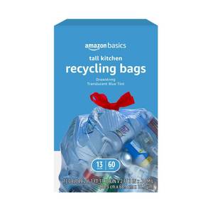 lot 11019 image: Amazon Basics Blue Recycling Drawstring Trash Bags, Tall Kitchen, Unscented, 13 Gallon, 60 Count