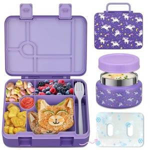 lot 11023 image: BEAQUEE Bento Lunch Box Kids and 9oz Soup Thermos �� 5.5-Cup Leakproof Kids Bento Box with Ice Pack & 9oz Insulated Food Jar �� Hot & Cold Food Lunch Container for Boy Girl School, Purple Set