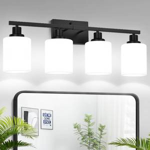 lot 11030 image: MOKATNG 4-Light Bathroom Light Fixtures, Vanity Light with Milky White Shades, Matte Black Bathroom Light Fixtures Over Mirror, Modern Bathroom Wall Lamp for Mirror Living Room Cabinet Bedroom (One Is Damaged)