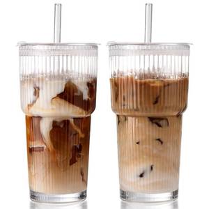 lot 11033 image: Iced Coffee Cups with Lids 2Pcs Ribbed Glass Tumbler with Straw and Lid 20oz - Vintage Glass Cups with Lids and Straws - Tumbler Leak Proof Aesthetic Drinking for Coffee Bar Accessories