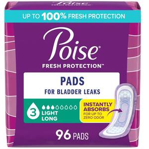 lot 11040 image: Poise Incontinence Pads & Postpartum Incontinence Pads, 3 Drop Light Absorbency, Long Length, 96 Count (4 Packs of 24), Packaging May Vary