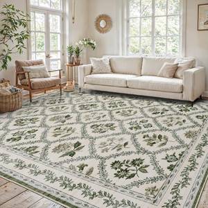 lot 11059 image: Olive Green Area Rug for Living Room 5x7 Decor Floral Area Rugs for Bedroom Dining Room Machine Washable Boho Vintage Farmhouse Floral Carpet, Hunter Green and Beige Cream (Not As Pictured )