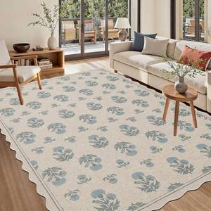 lot 11062 image: ORTIGIA Scalloped Easy Jute 5x7 Area Rug Vintage Blue Floral
