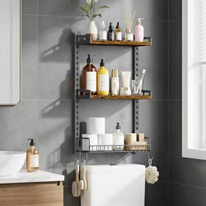lot 11067 image: Kalrin 3 Tier Bathroom Shelves Over Toilet - Wall Mounted Floating Shelves with Drain Basket, Toilet Paper Storage, Height Adjustable Over The Toilet Storage, Vintage Brown