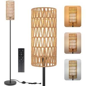 lot 11069 image: Ruiever Floor Lamp for Living Room,Farmhouse Floor lamp,Modern Standing lamp with Hand-Worked Rattan Shade (Double Shade-with Remote)