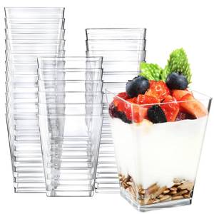 lot 11081 image: Eupako 100 Pack 5 oz Square Clear Plastic Dessert Cups Small Clear Plastic Tumbler Cups Great for Desserts, Appetizers, Puddings, Mousse and More