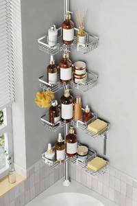 lot 11094 image: Shower Caddy Corner for Bathroom, Tension Pole, Adjustable 25in-114in Floor to Ceiling, Standing Shower Tension Rod Organizer, 4 Tier Storage Shelves with 2 Soap HoldersHanging or Adhesive, Silver