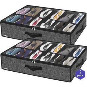 lot 11097 image: Onlyeasy Sturdy Under Bed Shoe Storage Organizer, Set of 2, Fit 12 to 24 Pairs, Underbed Shoes Closet Storage Solution with Clear Window, Breathable, L29.3 x W23.6 x H5.9, Linen-like Black, MXAUBSB2P