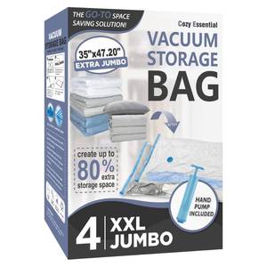 lot 11098 image: Cozy Essential Vacuum Storage Bags, 80% Compression Vacuum Seal Space Saver Plastic Packaging Bags for Clothes, Blankets, Pillow, Bedding, Comforters, Sealer Clothing Storage,4 XXL Jumbo