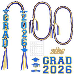 lot 12026 image: Yinkin Graduation Ribbon Leis Set Class of 2026 Handmade Double Braided Necklace Adjustable Includes Silk Leis Grad Cutouts 2026 Pendant for Graduation Party Accessories (Dark Blue,Yellow)