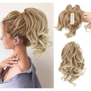 lot 12033 image: CJL HAIR Claw Clip Short Ponytail Hair Extensions DIY Bendable Metals Messy Bun Hair Piece for Wonen Wavy Curly Synthetic Fake Hairpieces Gloden Blonde and Beach Blonde Tips