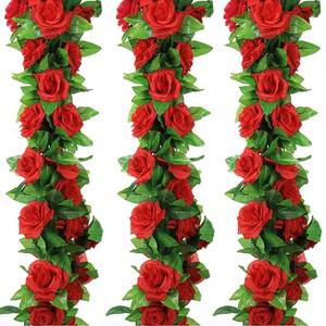 lot 12059 image: Vopie 4 Pack Fake Rose Vine Flowers Plants 32.2 FT Artificial Flower Hanging Rose Ivy Home Hotel Office Wedding Party Garden Craft Art Decor (Red)