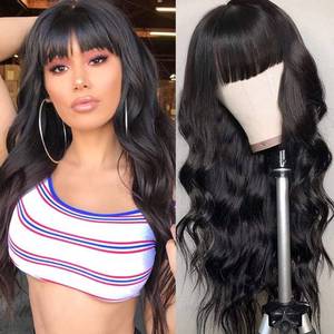 lot 12074 image: QD-Tizer Natural Black Wigs with Full Bangs Long Body Wavy Hair Wig Heat Resistant Synthetic None Lace Wigs for Women 24 inch