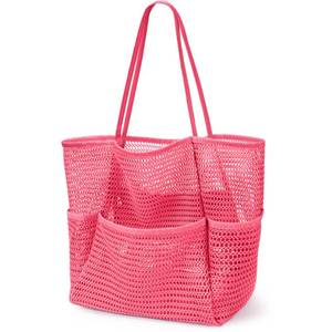 lot 12090 image: KPX Beach Bag with Mini Pocket, Summer Beach Tote Bags for Women Large Foldable Mesh Swimming Pool Travel Bags - Sandproof (Rose)
