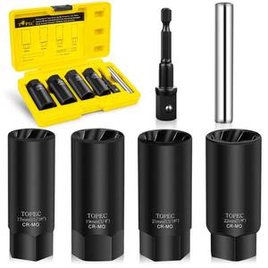 lot 12092 image: Topec 6PCS Deep Lug Nut Removal Tool, 12 Drive Lug Nut Extractor Set, 17,19,21,22MM Wheel Lock Removal Kit, Spark Plug Extractor Socket Set for Stripped, Rounded, Damaged Bolts & Studs (One Is Damaged)