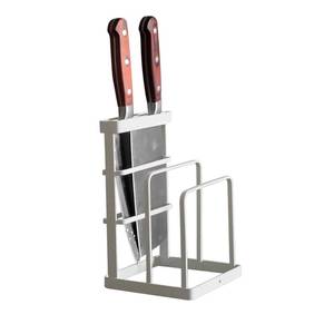 lot 12445 image: VANRA Metal Knife Block Without Knives, Multifunctional Knife Holder with 2 Layers Cutting Board Rack Dish Rack, Kitchen Storage Organizer,White
