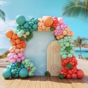 lot 12449 image: Hawaiian Balloon garland Arch Kit Coral Blush Pink tropical eal Mint Peach Double stuffed balloons with Palm Leaves For Aloha baby shower Luau Beach by Pool party ana Birthday Party Decorations