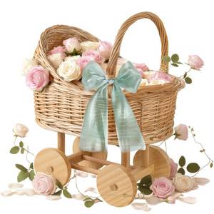 lot 13720 image: 15 Inch Woven rattan baby stroller baskets, vintage rattan flower cart, wicker stroller carriage for baby shower,wedding and gift decorations, pushcart-style decorative flower stands
