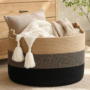 lot 13723 image: KAKAMAY Large Blanket Basket (20x13),Woven Rope Baskets for storage Baby Laundry Hamper, Cotton Rope Blanket Basket for Living Room, Laundry, Nursery, Pillows,Baby Toy chest (JuteBlack)