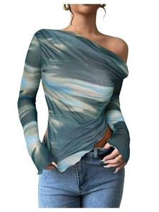 lot 14030 image: RoseSeek Womens Off Shoulder Tie Dye Mesh T Shirt Long Sleeve Asymmetrical Hem Ruched Fitted Tee Tops Green Small