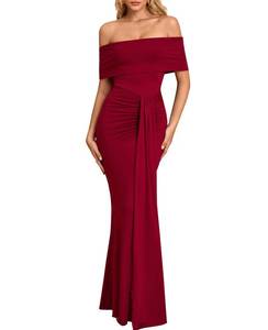 lot 14037 image: VKIHOC Off The Shoulder Formal Long Wedding Guest Dresses for Women Elegant Ruched Bodycon Cocktail Party Maxi Dress 2026 Wine (No Size)