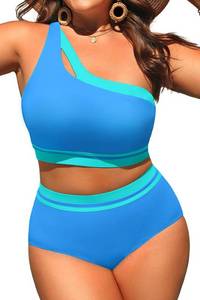 lot 14081 image: Plus Size Two Piece Colorblock High Waisted One Shoulder Bikini Swimsuit
