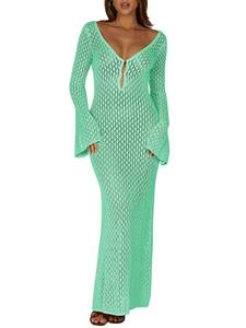 lot 14082 image: Saodimallsu Womens Crochet Maxi Cover Up Dress Beach Swim Vacation Coverups Long Sleeve Sexy Bodycon Summer Knit Dresses Mint Green Large