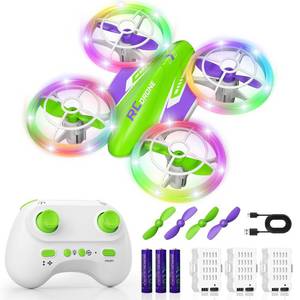 lot 14149 image: FUNPX LED RC Drone for Kids 6, Christmas Birthday Gift for Boys & Girls with Remote Batteries, 360° Flips, 3 Speed Modes, 45 Min Flight Indoor and Outdoor Flying Toy - Green Purple