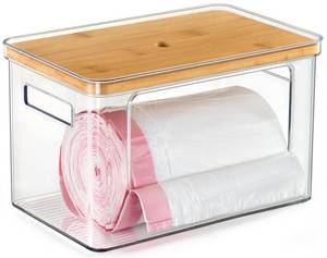 lot 19214 image: Hudgan Stackable Storage with Bamboo Top for Laundry Room Organization, Extra Large Trash BagGarbage Bag Dispenser, Under Sink Organizer, Pantry Organizers