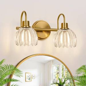 lot 19215 image: Meybiok Bathroom Vanity Light (2-Light, 15 in), Brushed Gold Vanity Lights for Bathroom with Ribbed Clear Tulip Glass Shade, Vintage Vanity Wall Lights for Mirror Bedroom Living Room Hallway